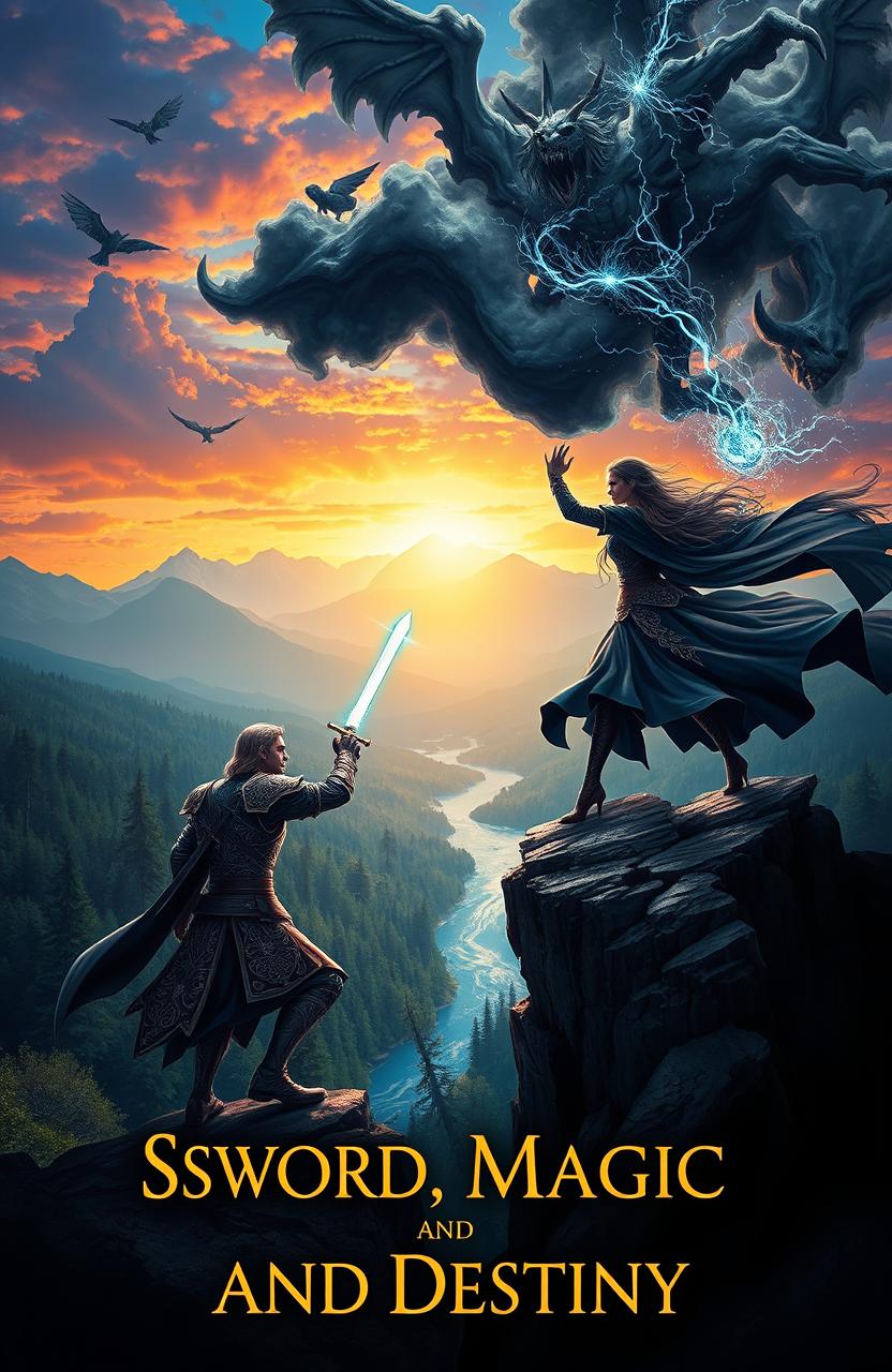 A dynamic fantasy scene showcasing a fierce battle between a hero wielding a glowing sword and an ominous sorceress casting powerful spells