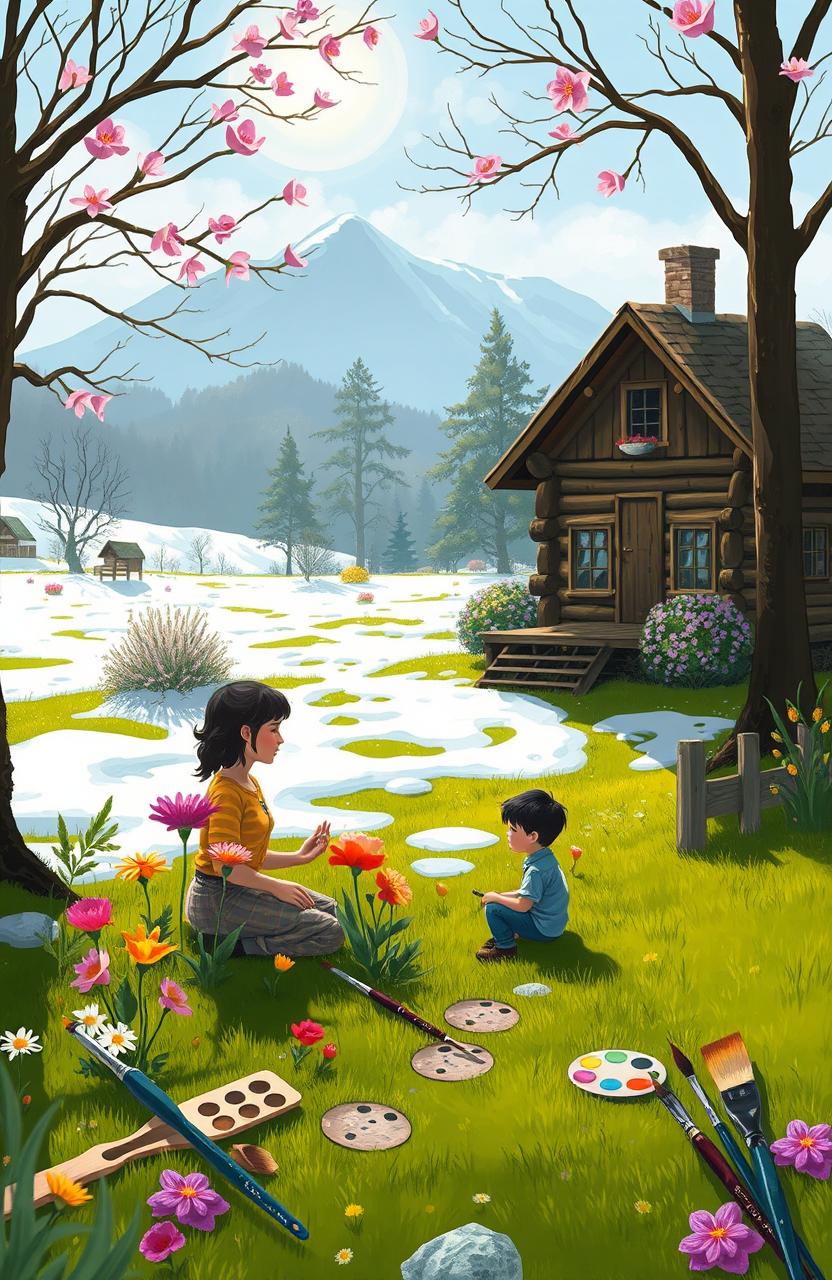 A serene image depicting a blossoming garden with vibrant flowers in full bloom, surrounded by a cozy log cabin nestled in a lush natural setting