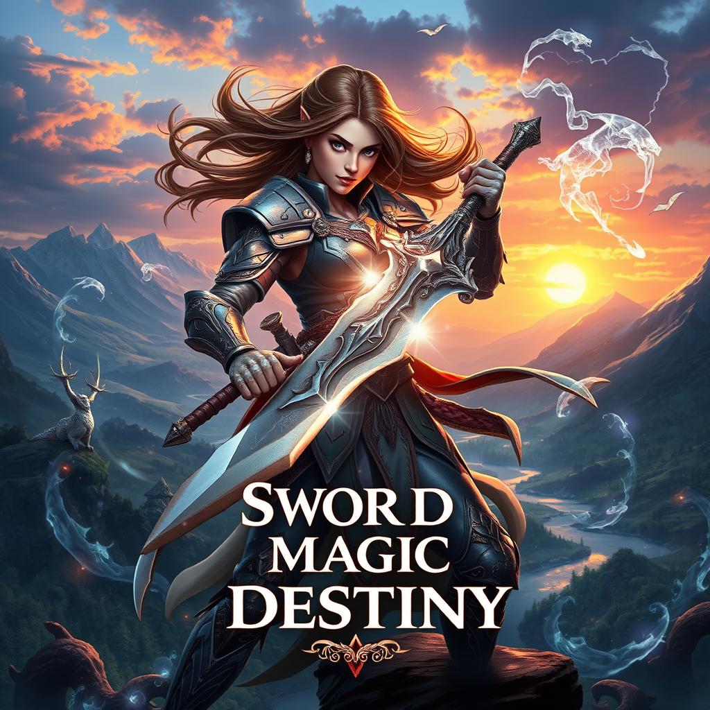 An exhilarating fantasy scene featuring a fearless female protagonist wielding a radiant sword, ready to face a powerful enemy