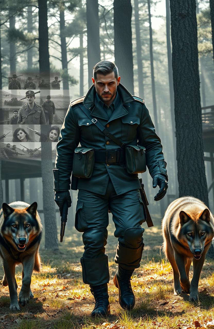 A tall, handsome Eastern intelligence officer with sharp features walks through a dense forest during the day