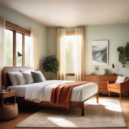 A cozy, well-lit bedroom with a king-sized bed, tastefully decorated with warm colors. There are stylish furnishings like a wooden nightstand, a comfortable chair, and a plush area rug. A window reveals a hint of greenery outside.