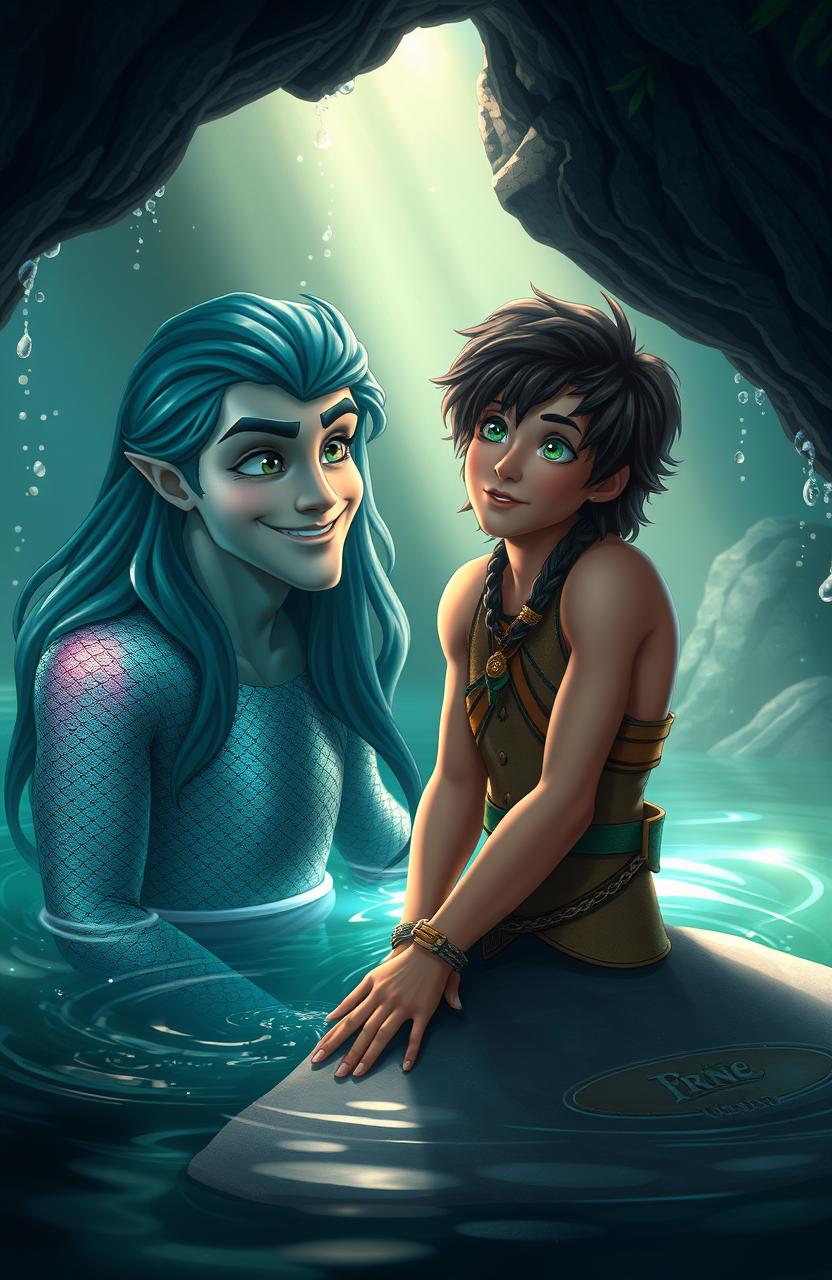 In a mystical cave, illuminated by shimmering light, a handsome merman with iridescent scales gazes out of the water with curiosity, his long hair cascading around his shoulders