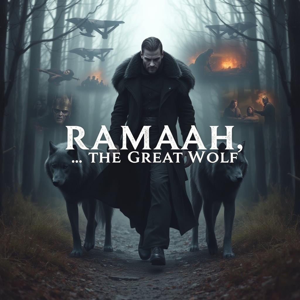 Ramaah, the lord of darkness, dressed in black attire and a long, broad-shouldered winter coat, walking through a dense forest during the day