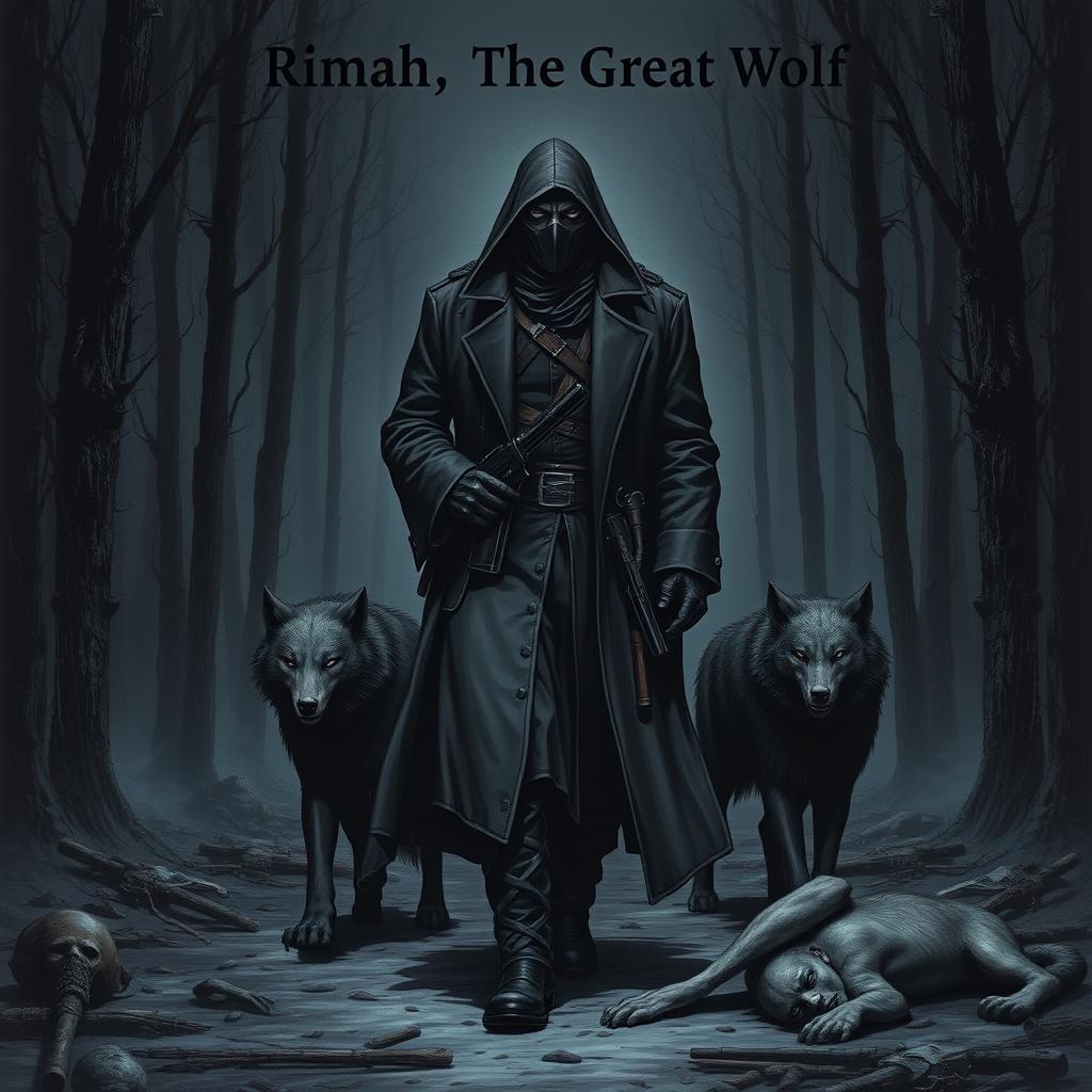 Rimah, the masked lord of darkness, dressed in black attire with a long, wide-shouldered winter coat