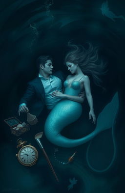 A prince and a mermaid man drowning together in the dark, mysterious depths of the ocean, surrounded by a swirling abyss of shadows and soft blue hues