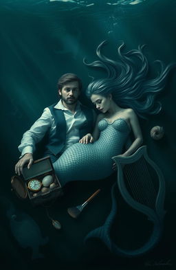 A prince and a mermaid man drowning together in the dark, mysterious depths of the ocean, surrounded by a swirling abyss of shadows and soft blue hues