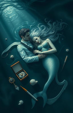 A prince and a mermaid man drowning together in the dark, mysterious depths of the ocean, surrounded by a swirling abyss of shadows and soft blue hues