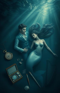 A prince and a mermaid man drowning together in the dark, mysterious depths of the ocean, surrounded by a swirling abyss of shadows and soft blue hues