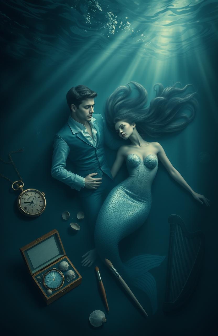 A prince and a mermaid man drowning together in the dark, mysterious depths of the ocean, surrounded by a swirling abyss of shadows and soft blue hues
