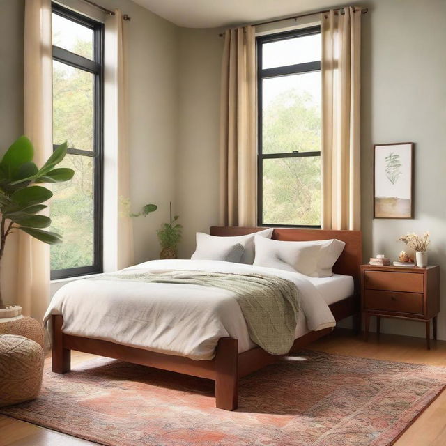 A cozy, well-lit bedroom with a king-sized bed, tastefully decorated with warm colors. There are stylish furnishings like a wooden nightstand, a comfortable chair, and a plush area rug. A window reveals a hint of greenery outside.