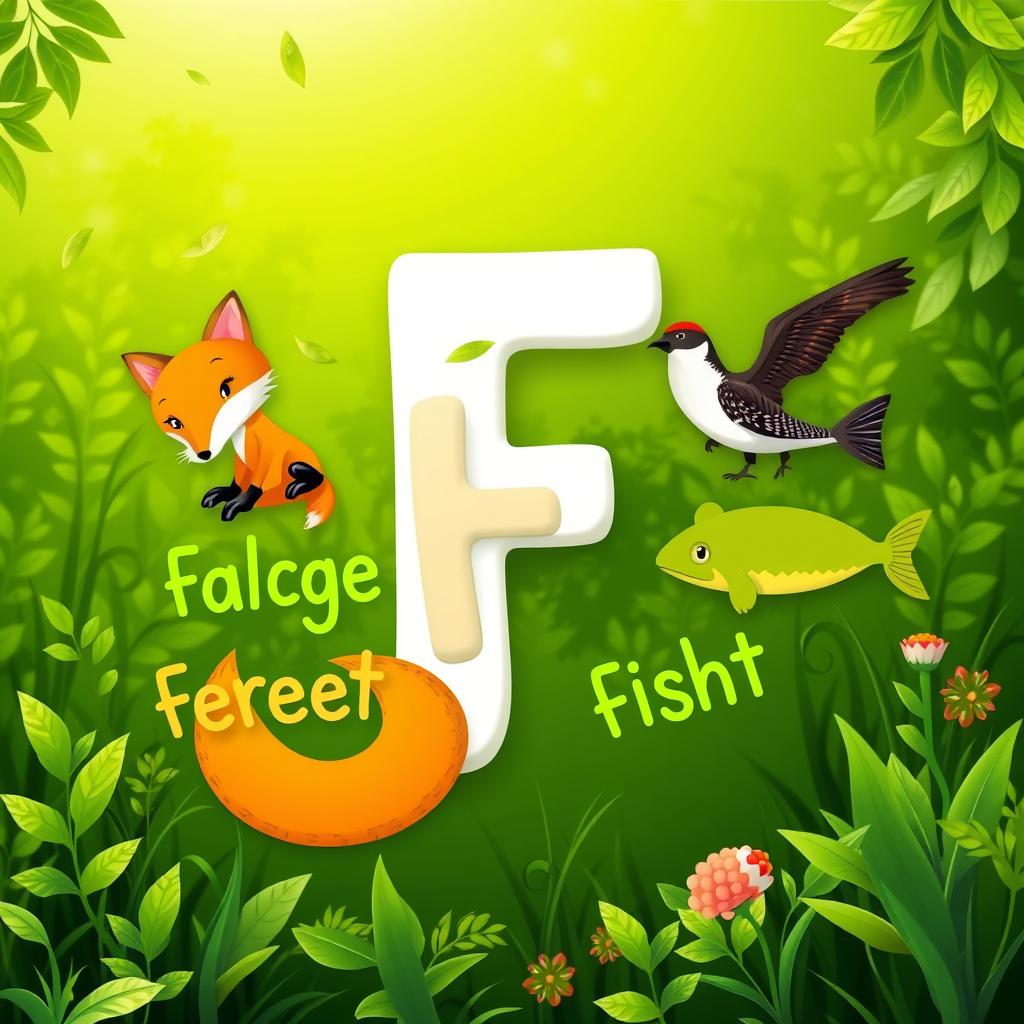 A vibrant green-themed image featuring the letter 'F', with the names of various animals that start with the letter 'F' artistically incorporated around and within the letter