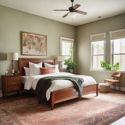 A cozy, well-lit bedroom with a king-sized bed, tastefully decorated with warm colors. There are stylish furnishings like a wooden nightstand, a comfortable chair, and a plush area rug. A window reveals a hint of greenery outside.