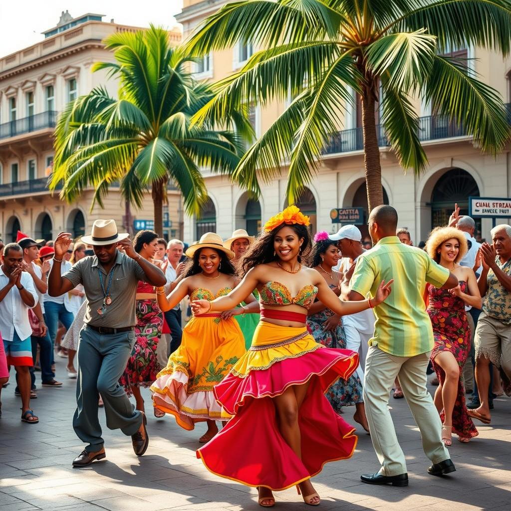 A dynamic and colorful scene of a Cuban street dance festival, featuring multiple dancers in traditional attire with vibrant skirts, dancing joyfully