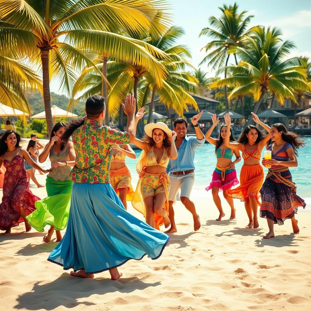 A vibrant beach party scene with a group of diverse people dancing joyfully by a sparkling pool surrounded by tall palm trees and tropical greenery