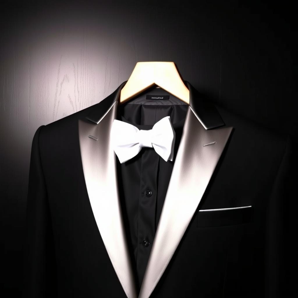 A sleek, sophisticated tuxedo with a black inner lining and a crisp white bow tie