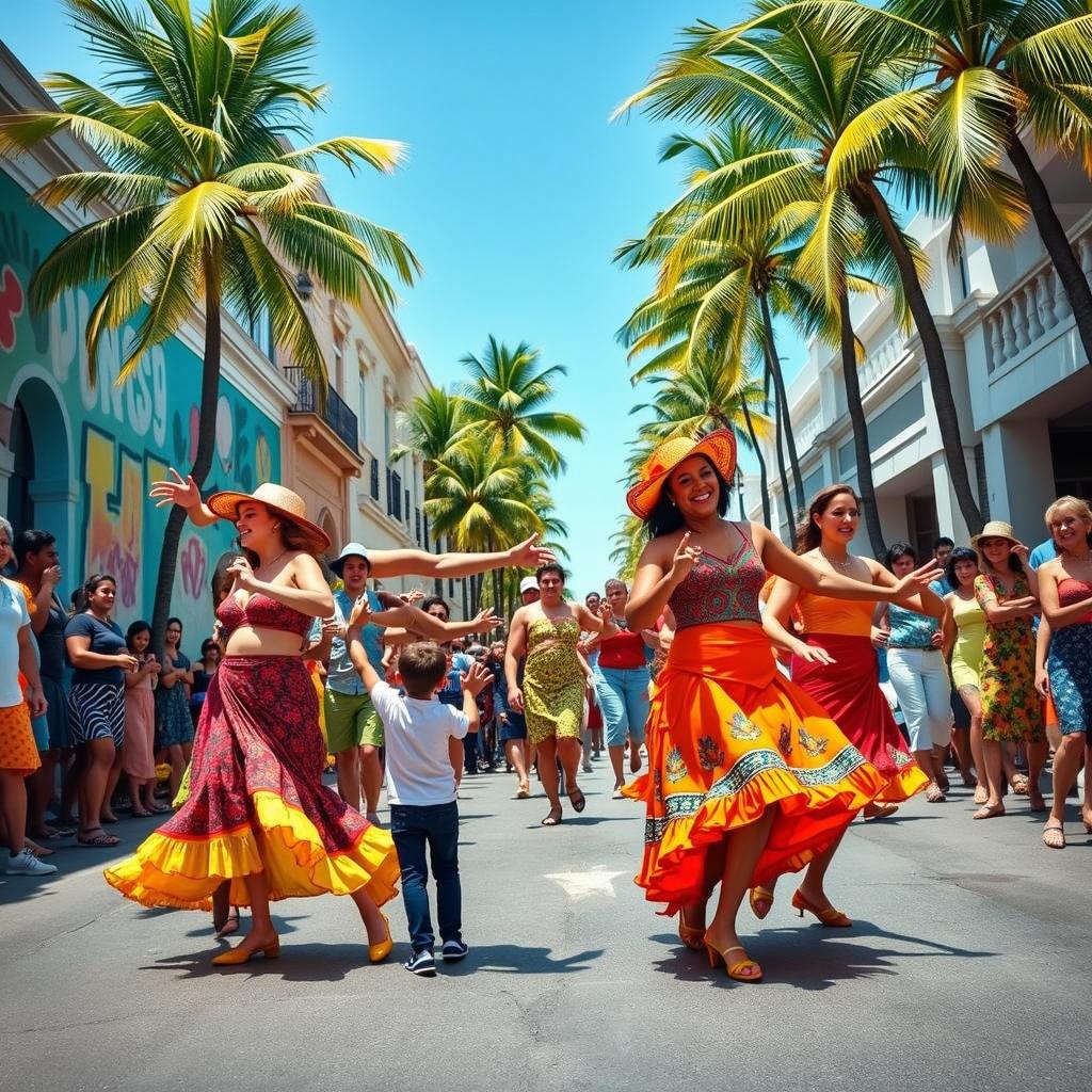 A lively street scene with Cuban salsa dancers in colorful outfits, moving gracefully in unison