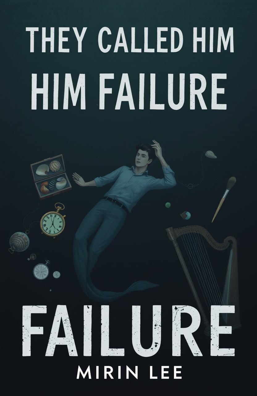A dark and gloomy book cover for the title 'They Called Him Failure' by Mirin Lee, featuring a male figure and a merman submerged in the dark depths of the ocean
