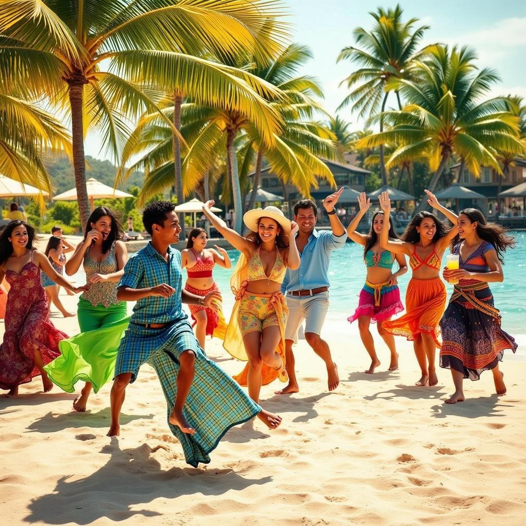 A festive beach party scene featuring a group of dancers celebrating by a sparkling pool, surrounded by lush palm trees and sandy shores