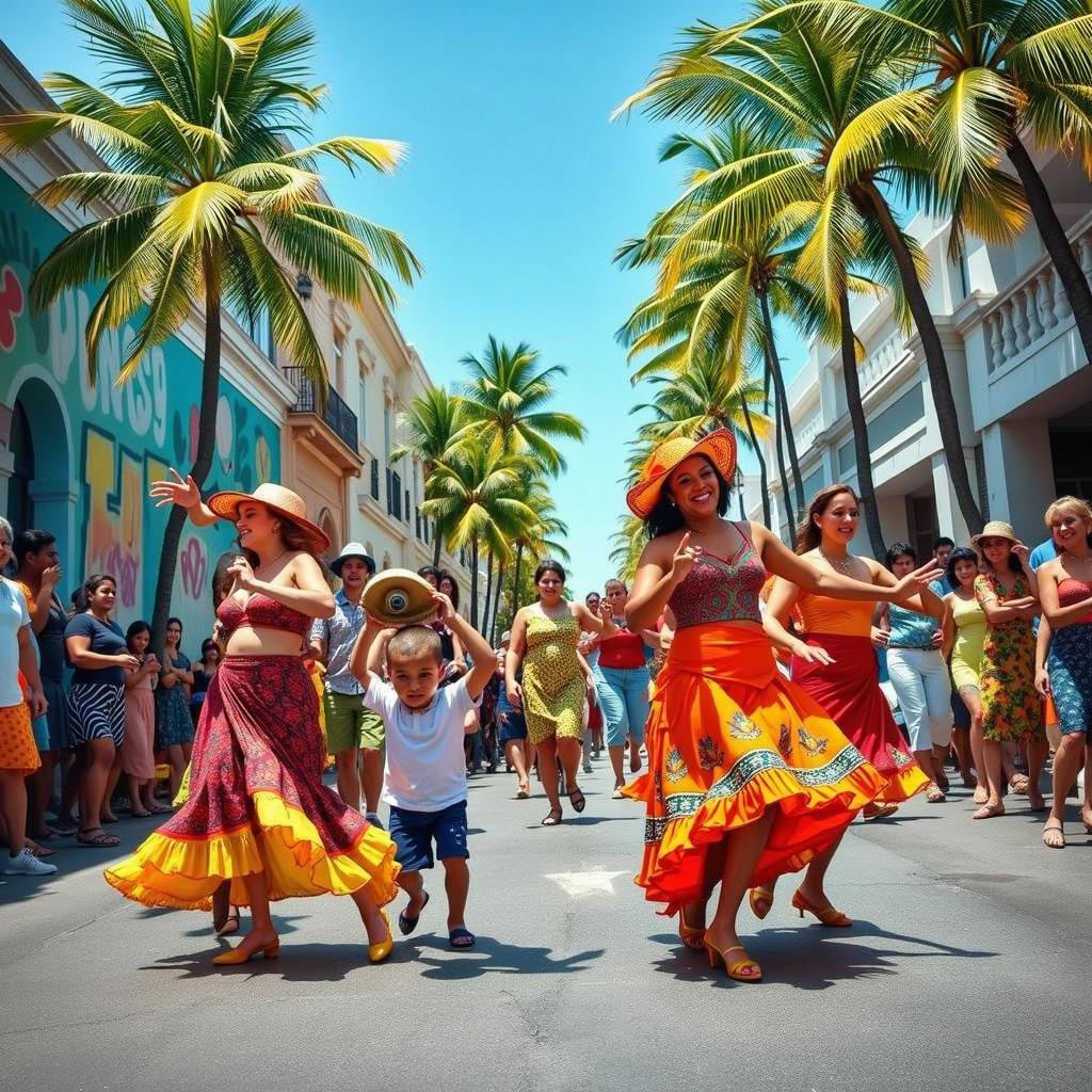 A joyous Cuban street dance scene featuring dancers in vibrant, colorful dresses filled with energy and movement