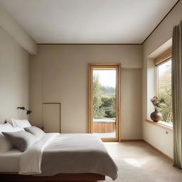 A warm, comfortable bedroom with a prominent window in the right-hand wall providing ample daylight. To the left, there is a door leading to an elegantly designed, attached bathroom. A door straight ahead leads to the rest of the house.