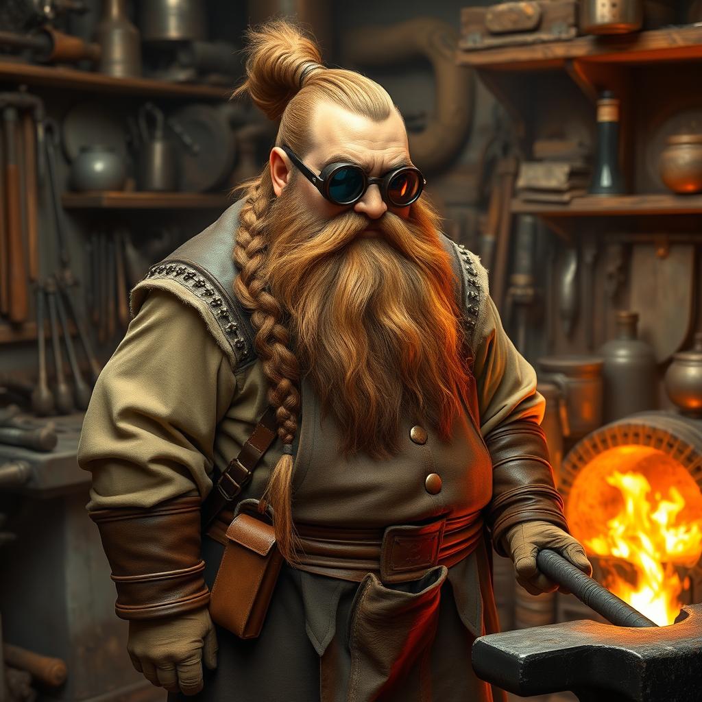 A robust dwarf with long hair tied back into a neat style and a very long, well-groomed beard braided