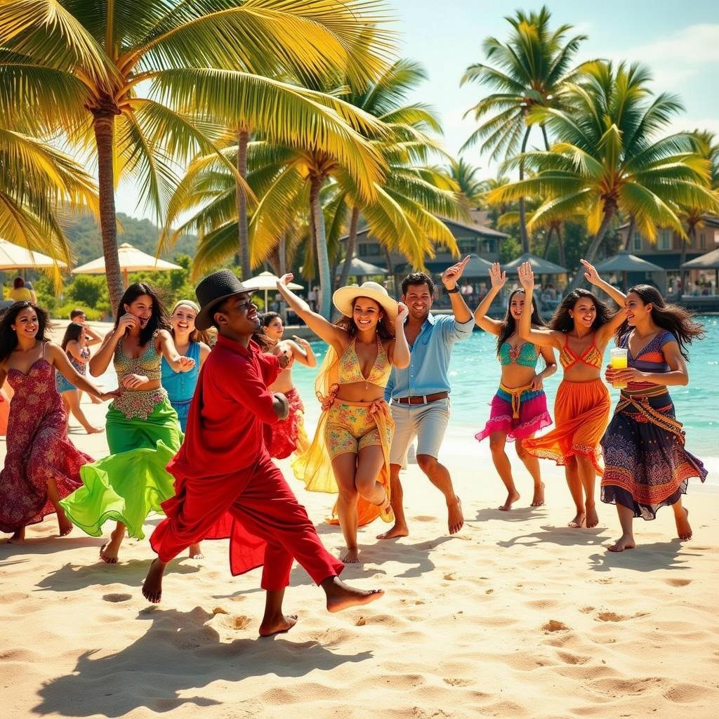 A lively beach party scene featuring a group of diverse individuals joyfully dancing near a sparkling pool surrounded by lush palm trees