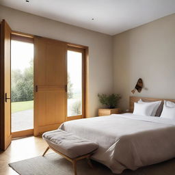 A warm, comfortable bedroom with a prominent window in the right-hand wall providing ample daylight. To the left, there is a door leading to an elegantly designed, attached bathroom. A door straight ahead leads to the rest of the house.