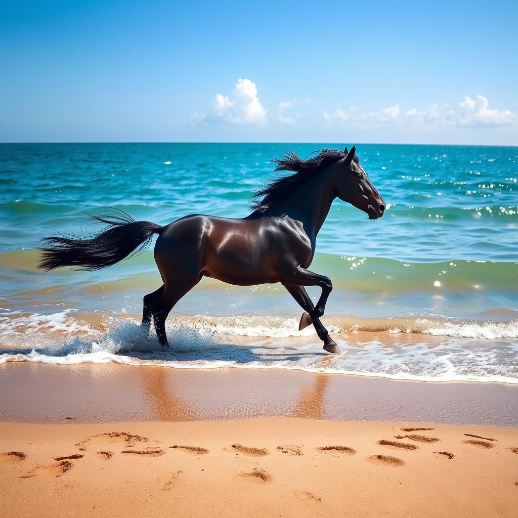 A majestic black horse galloping along a beautiful seashore, its mane flowing in the wind, splashing through shallow waves