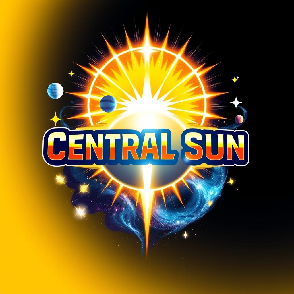 A stunning and vibrant cosmic logo featuring the words 'Central Sun'