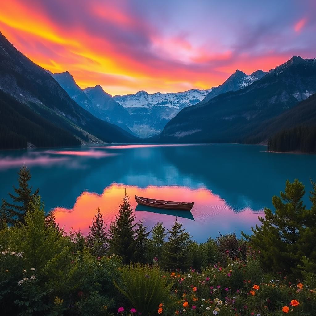 A stunning landscape of a tranquil lake surrounded by majestic mountains during sunset, reflecting the vibrant colors of the sky