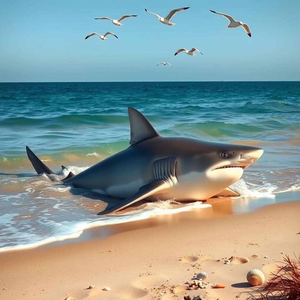 A large shark stranded on the sandy shore, its sleek body glistening in the sunlight, with gentle waves lapping around it