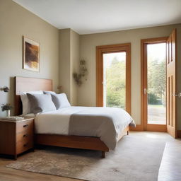 A warm, comfortable bedroom with a prominent window in the right-hand wall providing ample daylight. To the left, there is a door leading to an elegantly designed, attached bathroom. A door straight ahead leads to the rest of the house.