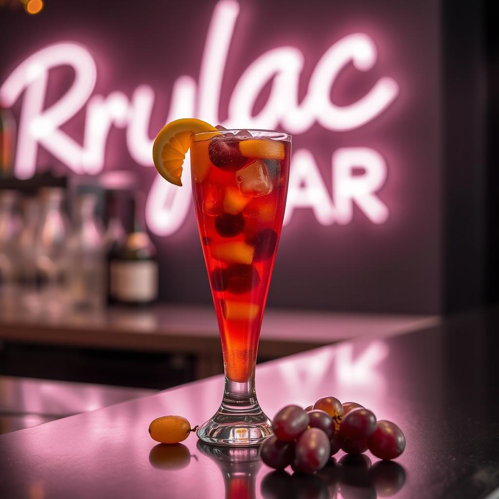 A tantalizing glass of sangria resting on a sleek black bar