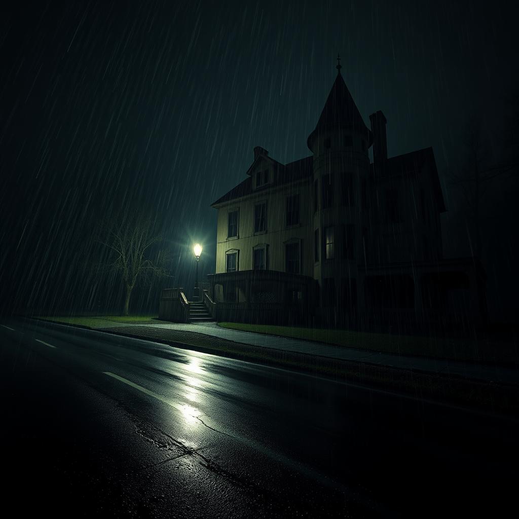 A spooky old mansion at midnight, illuminated by the soft glow of a single table lamp