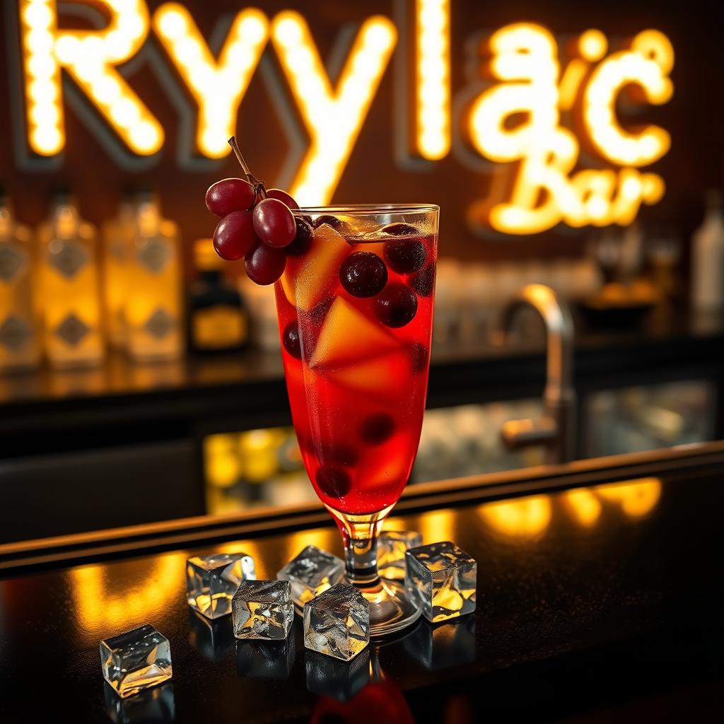A tempting glass of sangria filled with vibrant fruits, sitting on a sleek black bar