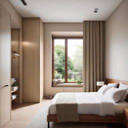 A warm, comfortable bedroom with a prominent window in the right-hand wall providing ample daylight. To the left, there is a door leading to an elegantly designed, attached bathroom. A door straight ahead leads to the rest of the house.