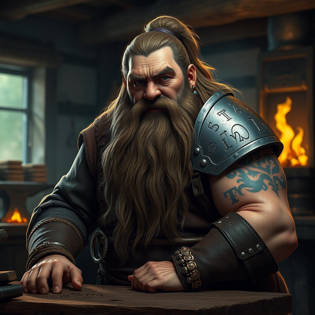 A robust dwarf with long hair tied up and a very long, well-maintained beard that reaches his waist, adorned with various pieces of jewelry