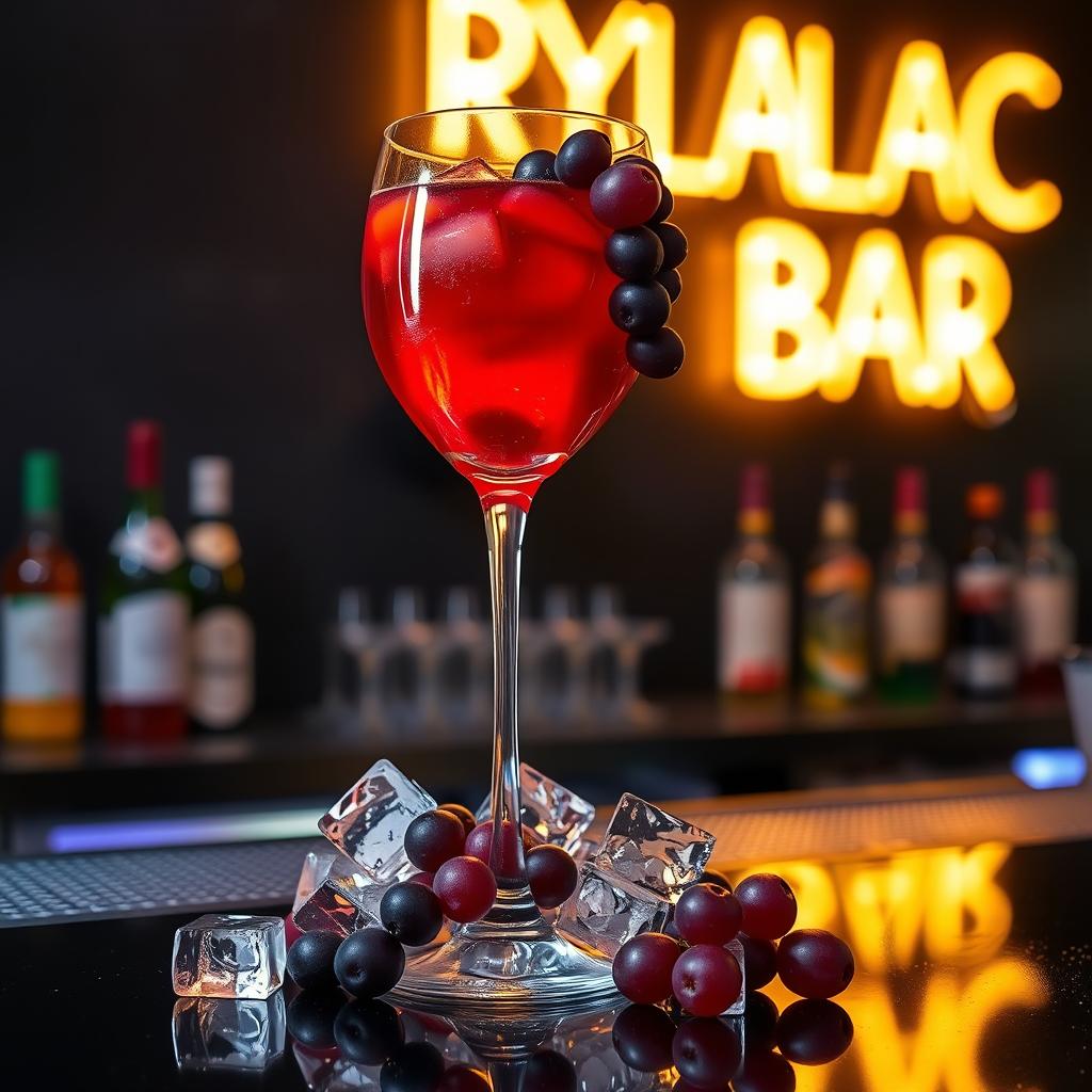 A beautiful wine glass filled with sangria, displayed on a sleek black bar