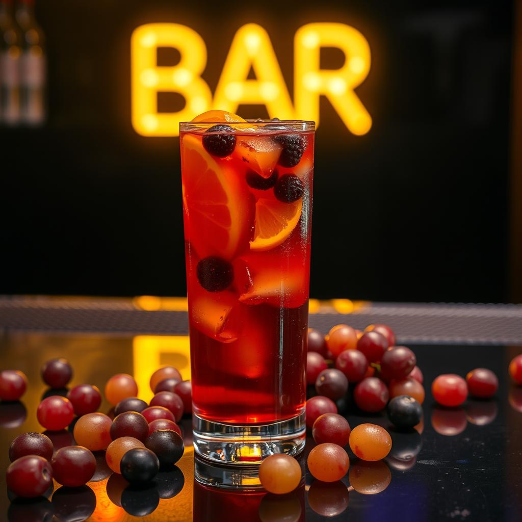 A glass of sangria sitting on a sleek black bar, surrounded by fresh grapes scattered on the bar surface