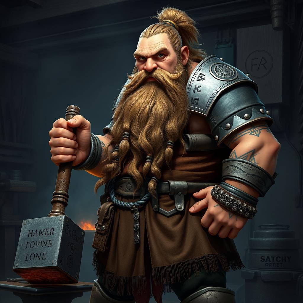 A robust dwarf with long hair tied up and a very long, well-maintained beard reaching his waist, adorned with intricate jewelry