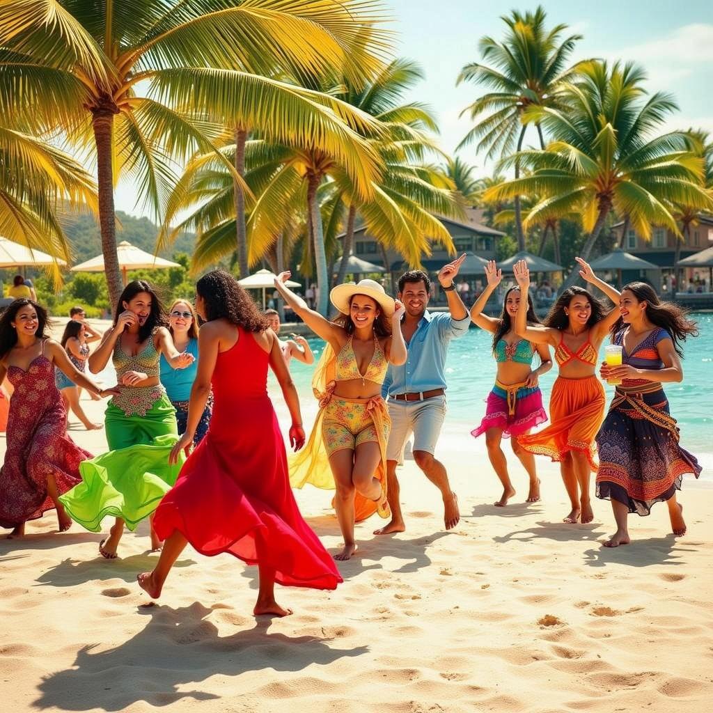 A vibrant beach party scene featuring a group of diverse individuals dancing joyfully near a sparkling pool surrounded by lush palm trees