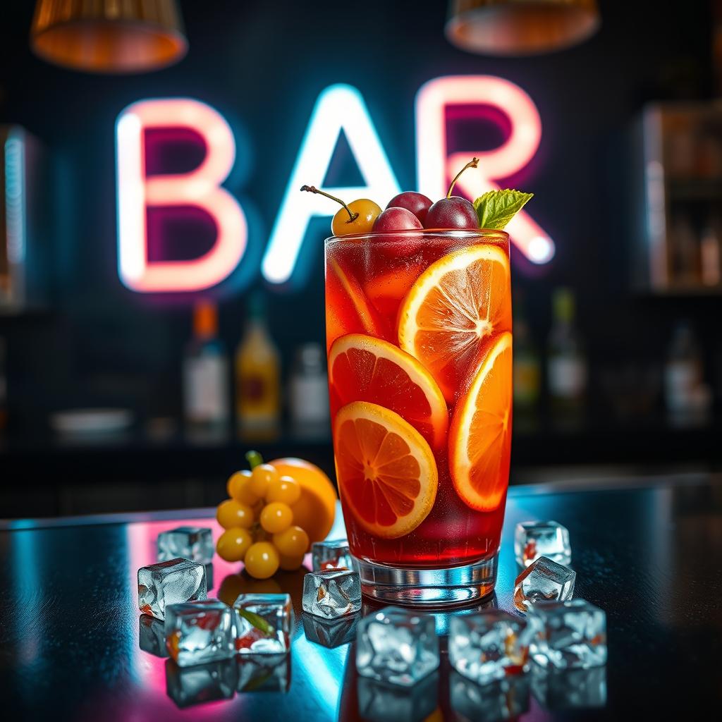 A vibrant still life composition featuring a glass of sangria sitting on a sleek black bar countertop