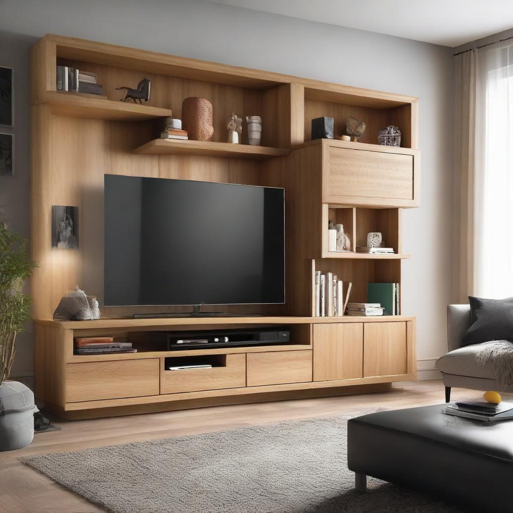 A modern and sophisticated TV unit made from oak, with built-in shelves holding various books and decorations. The unit houses a big-screen TV in its center stage.