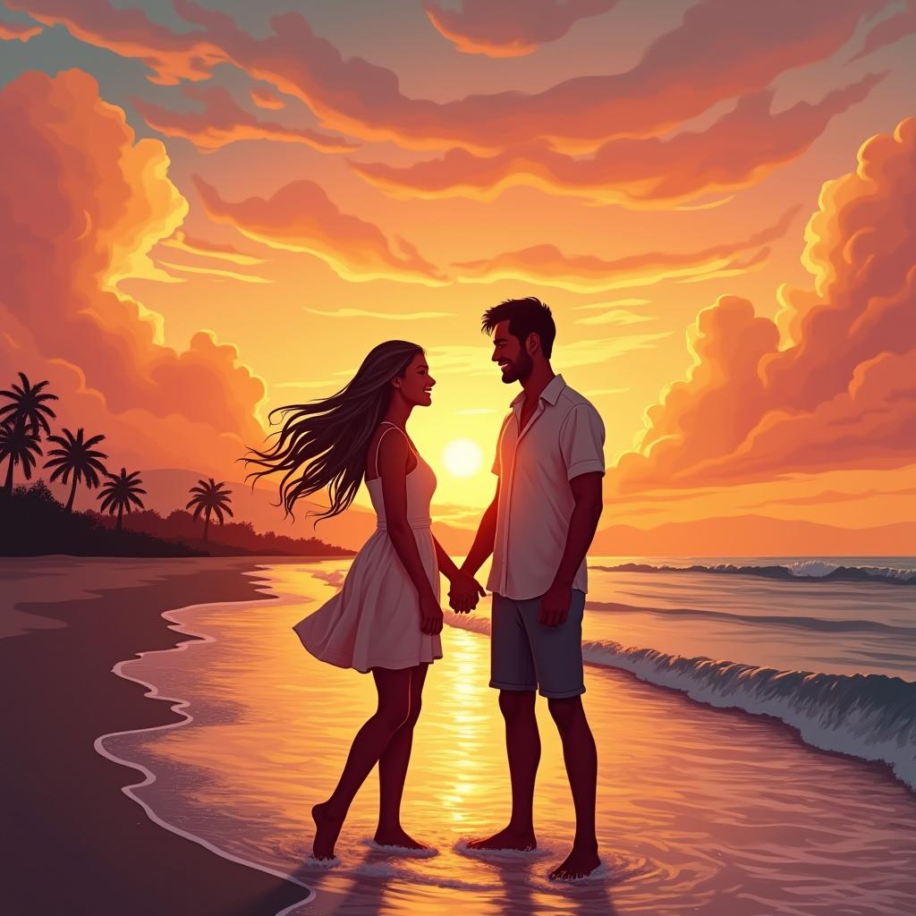 A romantic sunset beach scene featuring a couple in love, silhouetted against a stunning orange and pink sky filled with wispy clouds