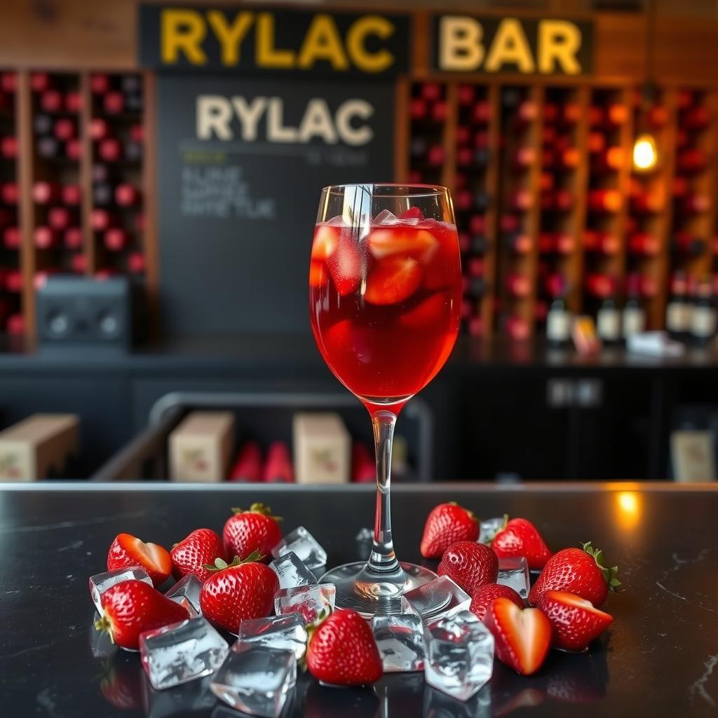 On top of a black bar, a wine glass filled with sangria, surrounded by ice cubes and floating strawberries around the glass, with a background of a wine cellar and a sign that reads 'RYLAC BAR'