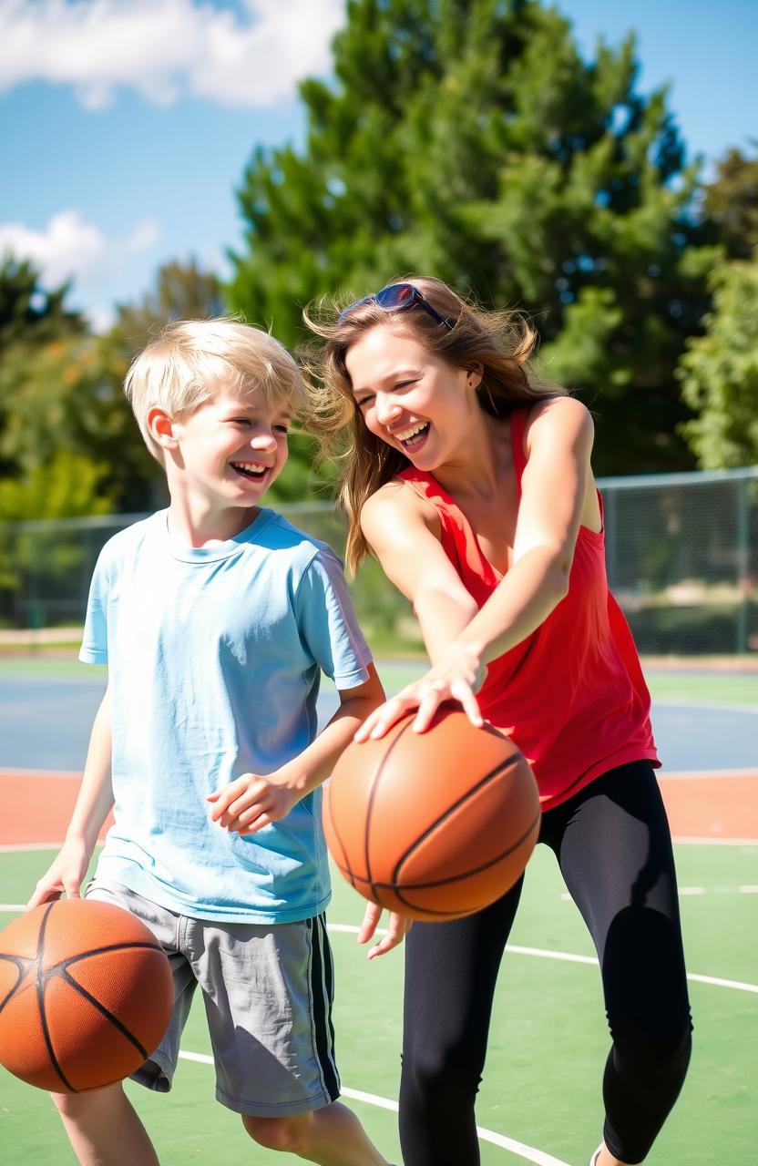 Two best friends, a blonde boy and a brunette girl, enjoying their time on a basketball court