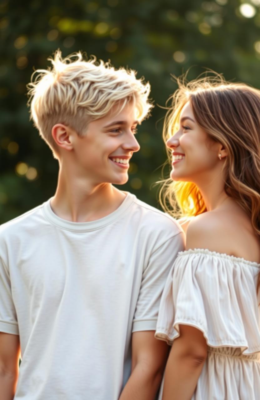 A heartwarming digital photograph of two teenage best friends, a blonde boy and a brunette girl, who are clearly in love