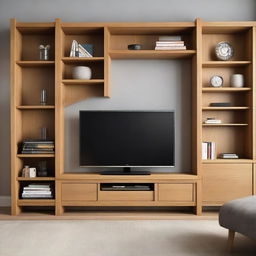 A modern and sophisticated TV unit made from oak, with built-in shelves holding various books and decorations. The unit houses a big-screen TV in its center stage.