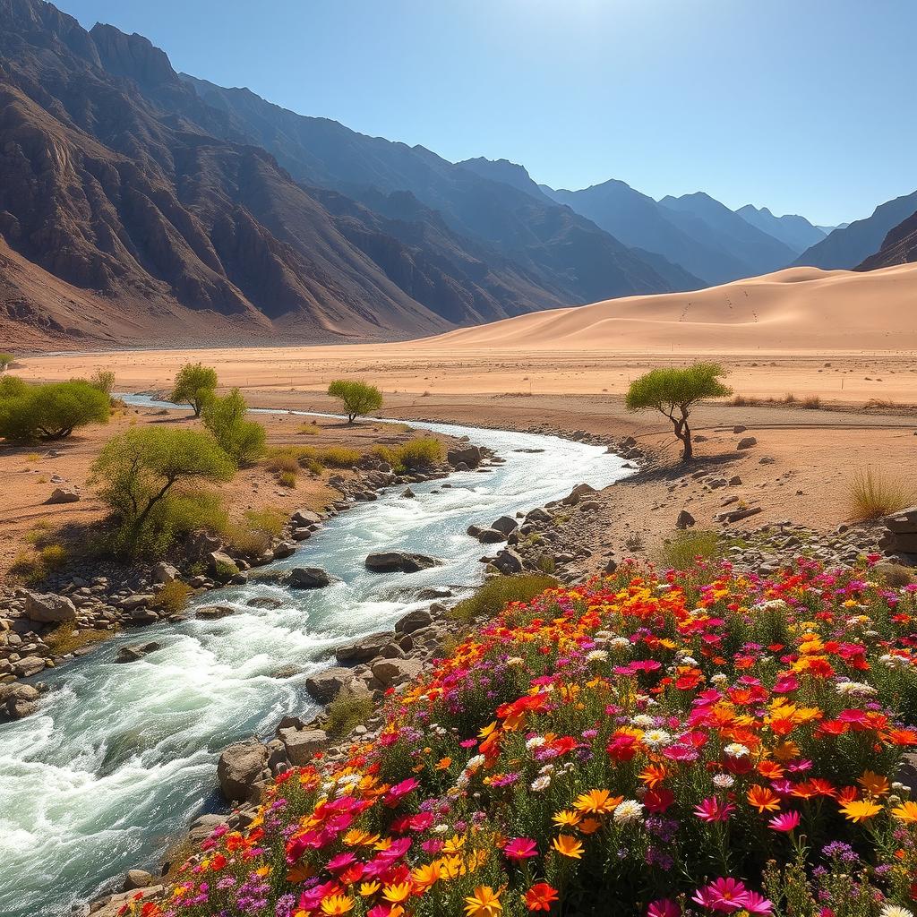 A picturesque scene of a river flowing from majestic mountains down into a vast desert, the water glistening under the bright midday sun