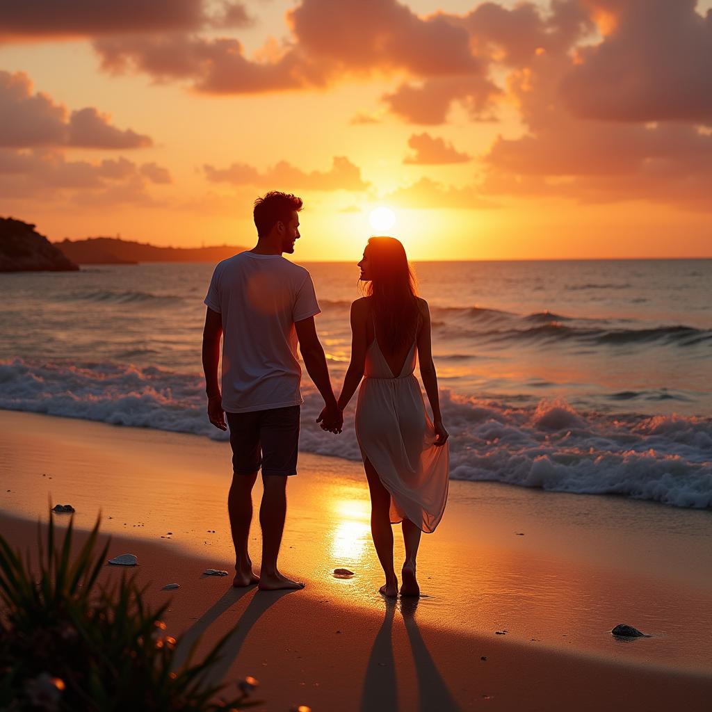 A romantic sunset beach scene featuring a couple standing hand in hand at the water's edge, their silhouettes highlighted by the vibrant colors of the sunset in the background